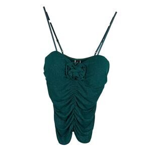Vtg Y2K Leyva's Glittery Ruched Rosette Cami Top Green Womens Size M Fairycore